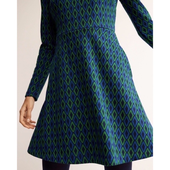 BODEN Jacquard Knit Atlantic Azure Diamond Print Dress Puff Sleeves Size 16 18 - Picture 6 of 16